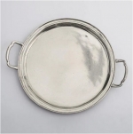Inglese Large Round Handle Tray Care & Use:  Legacy Pewter flatware is dishwasher safe.  We recommend using the lowest heat setting for both wash and dry cycles, using liquid dishwashing soap without citrus or lemon scents.  So, do not wash in commercial dishwashers that clean with extreme heat.